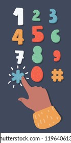 Vector cartoon illustration of Type phone number icon with push by human hand on dark background.