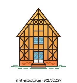Vector cartoon illustration of typical half-timbered house, Rouen, France. Timber framing architecture element. Example  of rural architecture of France and Germany.