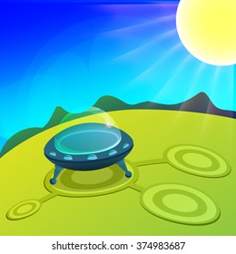 Vector cartoon illustration. UFO on field with circles.