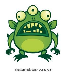 Vector cartoon illustration of an ugly green alien monster with three eyes.