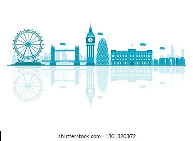 Vector cartoon illustration of UK skylines. Isolated on white background.