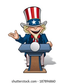 Vector Cartoon Illustration of Uncle Sam on the podium, giving a speech with an open expression.