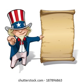 Vector Cartoon Illustration of Uncle Sam holding a declaration-like papyrus and pointing "I want you" like the classic WWI poster