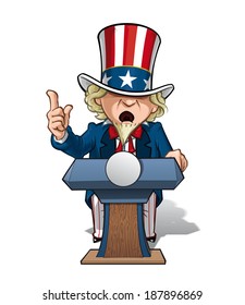 Vector Cartoon Illustration of Uncle Sam on the podium, giving a speech with intense expression.