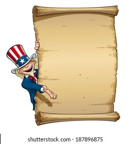 Vector Cartoon Illustration of Uncle Sam presenting a declaration-like papyrus.