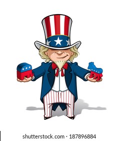 Vector Cartoon Illustration of Uncle Sam holding mock-ups of the Democratic Party Donkey and The Republican Party Elephant mascots.
