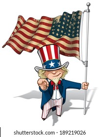 Vector Cartoon Illustration of Uncle Sam holding a WWI-WWII period 48 star US flag. Flag's texture and sepia color can be removed by turning the respective layers off.