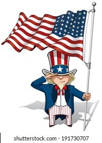 Vector Cartoon Illustration of Uncle Sam saluting and holding a 48 star American flag. This was the US Flag during both World Wars and the Korean war