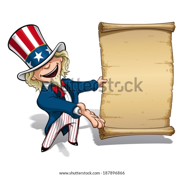 Vector Cartoon Illustration of Uncle Sam\
presenting a declaration-like\
papyrus.