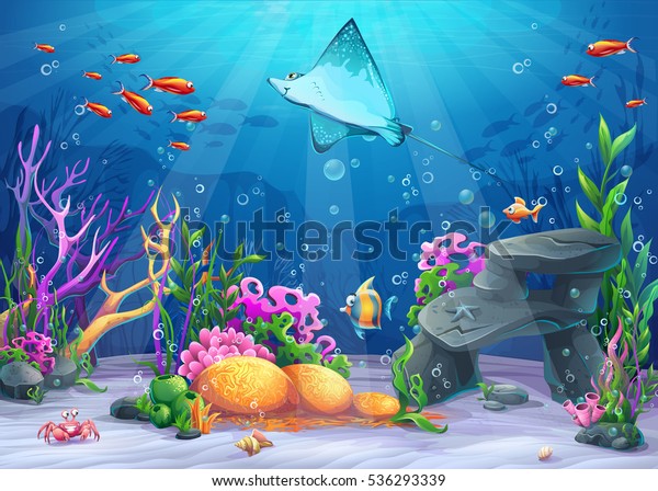 海中のおかしなキャラクターがひし形に囲まれたサンゴ 礁 岩 魚 カニ 貝を描いたベクター漫画のイラスト のベクター画像素材 ロイヤリティフリー