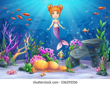 Vector cartoon illustration underwater world with funny character mermaid surrounded coral, reef, rock, fish, crab, shell