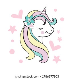 Vector cartoon illustration with unicorn on white background