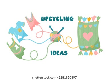 Vector cartoon illustration of upcycling process on white background. Idea to recycle old clothes to blanket and reduce waste. Ecological environmentally friendly idea to upcycle for design or concept