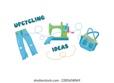 Vector cartoon illustration of upcycling process on white background. Idea to recycle old jeans to handbag and reduce waste. Ecological environmentally friendly idea to upcycle for design or concept