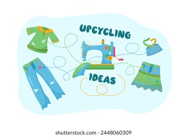 Vector cartoon illustration of upcycling process on color background. Idea to recycle old jeans and shirt to skirt and reduce waste. Ecological environmentally friendly upcycle concept for poster