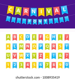 Vector cartoon illustration of Uppercase ABC font set on party flags. Easy for edit. Decoration party, celebration holiday, baby shower, birthday, names, advertising.