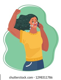 Dibujo vectorial de una mujer disgustada llorando por teléfono. Una mujer enojada entre lágrimas está rugiendo