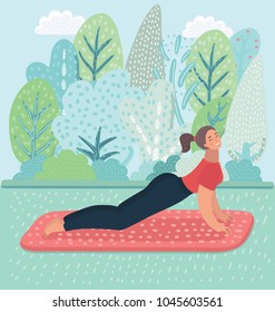 Vector cartoon illustration of Upward Facing Dog Yoga Pose, yoga position posture. Exersice on park ladnscape.