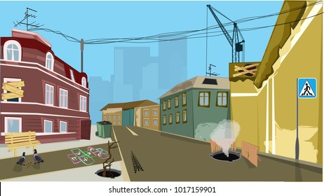Vector cartoon illustration of the urban area. Little town. Vector city