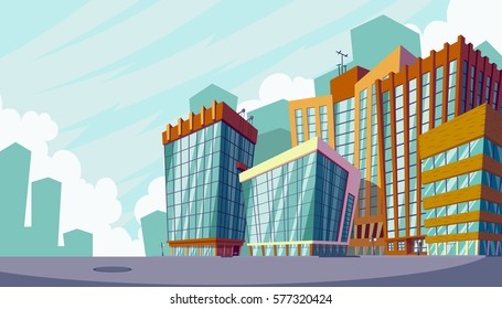 Vector cartoon illustration of an urban landscape with large modern buildings.
