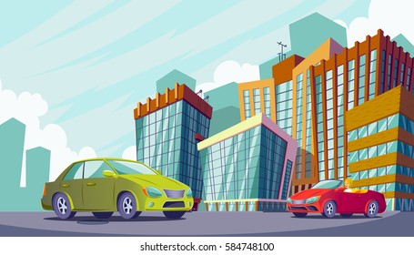 Vector cartoon illustration of an urban landscape with large modern buildings and cars.