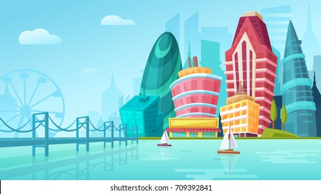 Vector cartoon illustration of an urban landscape with large modern buildings near bridge with yachts.