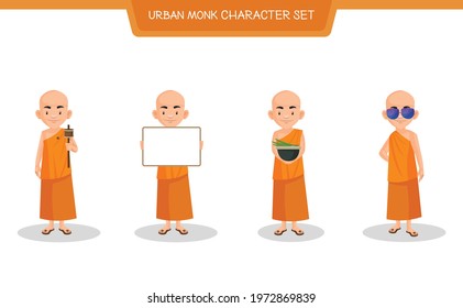 Vector cartoon illustration of urban monk character set on white background.