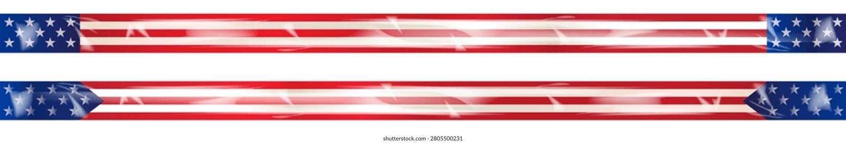 Vector cartoon illustration of a USA flag ribbons set isolated on transparent background. This horizontal graphic layout features two long patriotic American national flag sticky tape stripes. The top ribbon has a flat rectangular cut, while the bottom ribbon features chevron arrow shape borders. Both flag tapes are decorated with classic white stars on blue fields and red and white horizontal lines, enhanced with a realistic glossy crumpled plastic wrap overlay texture. Perfect design elements with copy space for United States Independence Day, 4th of July, or Presidents Day promotional banners.