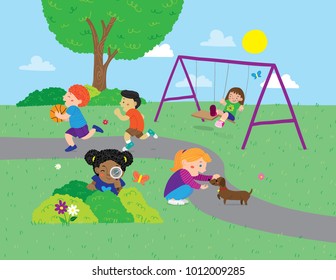 Vector cartoon illustration of various children playing in the park