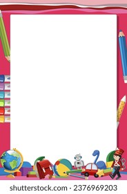 A vector cartoon illustration of various children's toys and learning tools arranged in a border frame template