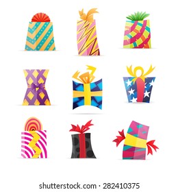 Vector cartoon illustration of various colorful gift box wraps