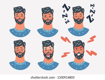 Vector cartoon illustration of various expressions of a man. Different male emotions set. Human male characters face on white background.