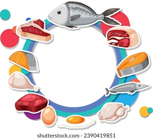 A vector cartoon illustration of various protein-rich foods arranged in a circular frame