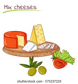 Vector cartoon illustration of various types of cheese on cutting board isolated on white. Food Icon. Design for cookbook, restaurant business, advertising.