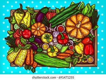 Vector cartoon illustration of various vegetables whole and sliced on a wooden background. Bright poster with organic food