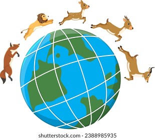 Vector cartoon illustration of various wild animals running across the globe