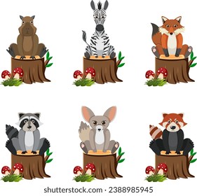 Vector cartoon illustration of various wild animals sitting on a tree stump