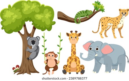A vector cartoon illustration of various wild animals with a tree