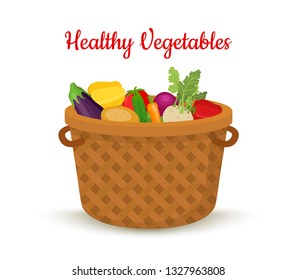 Vector cartoon illustration with a vegetable basket, vitamin food for market, farm shop. Natural agriculture in wicker box, container.