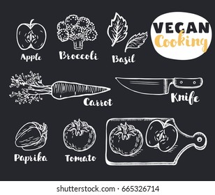 Vector cartoon illustration of Vegetables eco vegan set chalk hand outline drawn doodle style. Lettering names