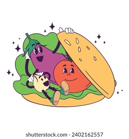 Vector cartoon illustration of veggie burger. Smiling mascots vegetable: tomato chickpeas eggplant lettuce leaves on a burger bun. 