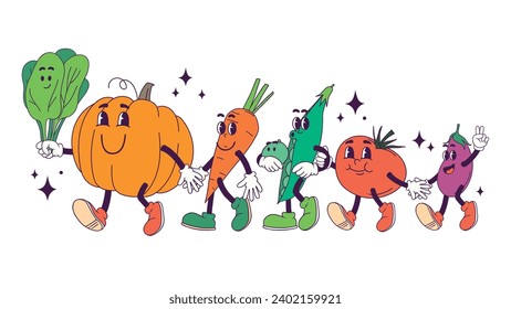 Vector cartoon illustration of veggies mascots. Smiling vegetarian ingredients walking holding hands pumkin spinach carrot tomato peas eggplant. Concept of varied and balanced nutrition