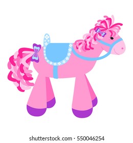 Vector cartoon illustration of very cute pink fairytale pony. Pink horse, pony isolated on white background.
