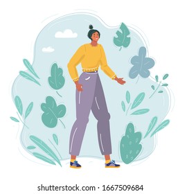 Vector Cartoon Illustration Of Very Tall Woman With Very Long Legs Dressing. Body Positive Concept