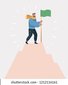 Vector cartoon illustration of Victorious person standing on a mountaintop holding a flag icon. Successful goal achievement symbol. Human character on white background.