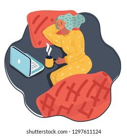 Vector cartoon illustration of The view of woman on the bed with mug looking at laptop at night.