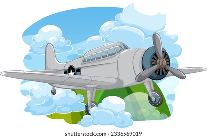 A vector cartoon illustration of a vintage military aircraft flying in the sky with a mountain background