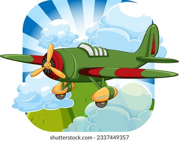 A vector cartoon illustration of a vintage military aircraft flying in the sky with a mountain background