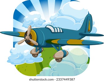 A vector cartoon illustration of a vintage military aircraft flying in the sky with a mountain background