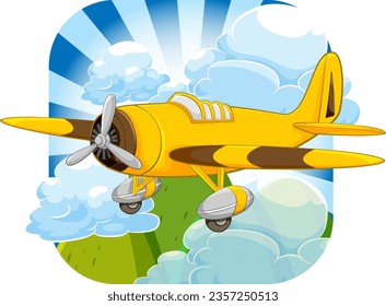 A vector cartoon illustration of a vintage military aircraft soaring through the sky with a mountain background